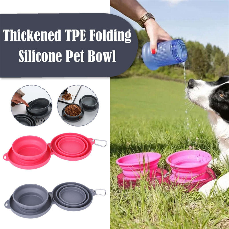 Portable 2 in 1 Silicone Pet Bowls with Carabiner, Collapsible Double Travel Dog Bowls for Food and Water Feeding, Foldable Camping Dog Cat Bowl