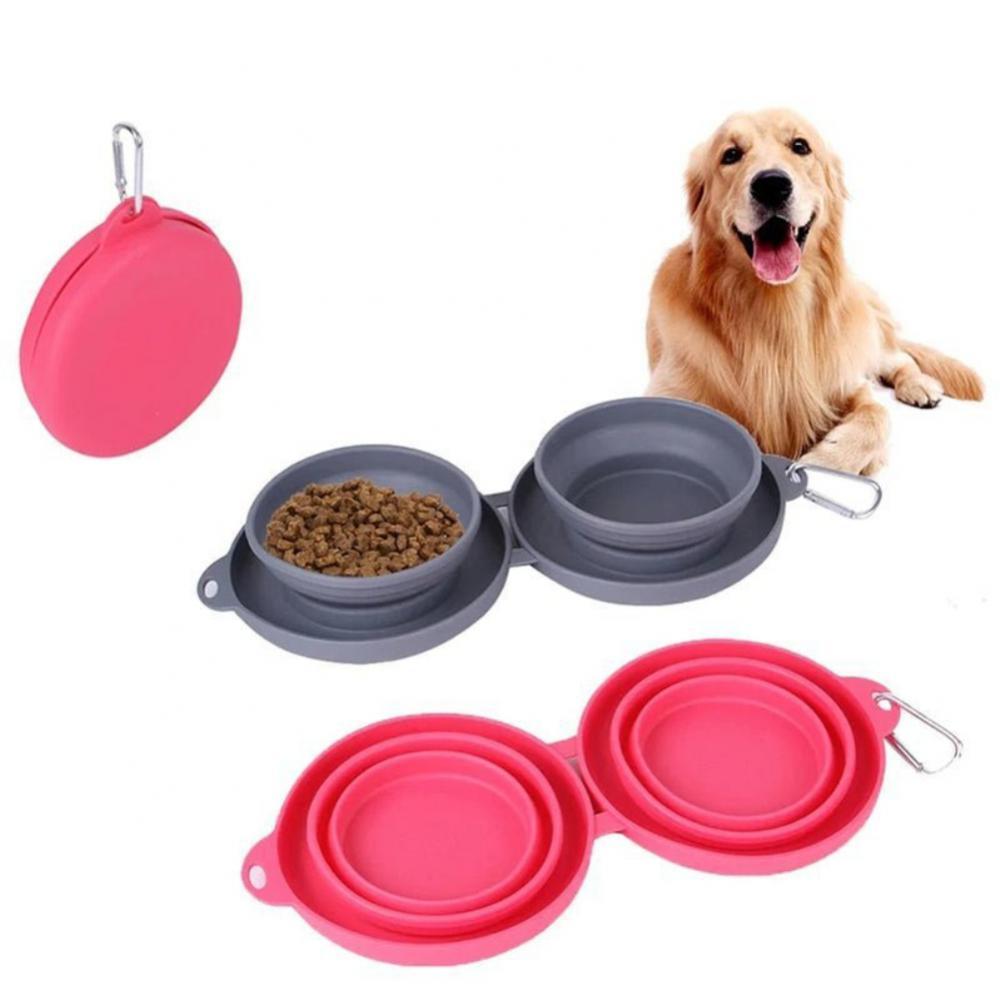 Portable 2 in 1 Silicone Pet Bowls with Carabiner, Collapsible Double Travel Dog Bowls for Food and Water Feeding, Foldable Camping Dog Cat Bowl