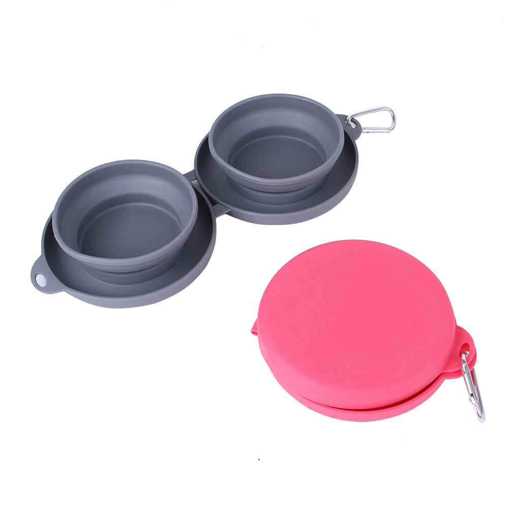 Portable 2 in 1 Silicone Pet Bowls with Carabiner, Collapsible Double Travel Dog Bowls for Food and Water Feeding, Foldable Camping Dog Cat Bowl