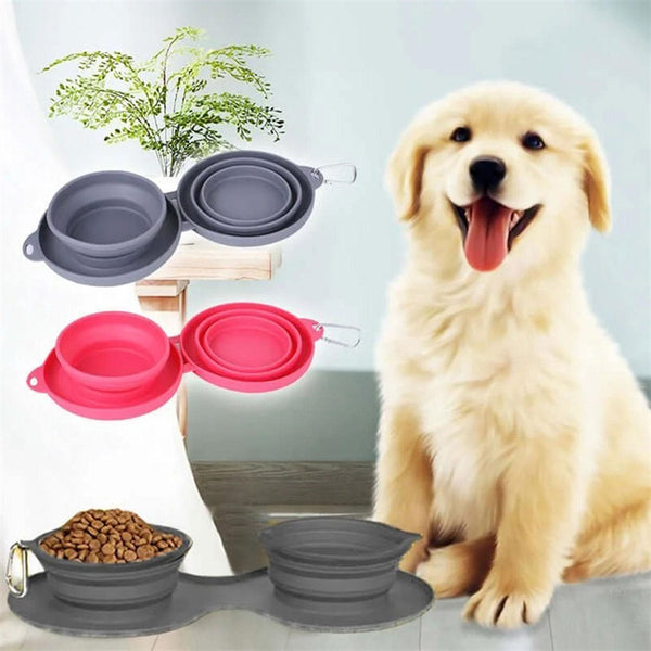 Portable 2 in 1 Silicone Pet Bowls with Carabiner, Collapsible Double Travel Dog Bowls for Food and Water Feeding, Foldable Camping Dog Cat Bowl