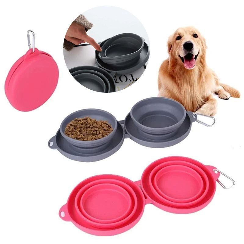 Portable 2 in 1 Silicone Pet Bowls with Carabiner, Collapsible Double Travel Dog Bowls for Food and Water Feeding, Foldable Camping Dog Cat Bowl