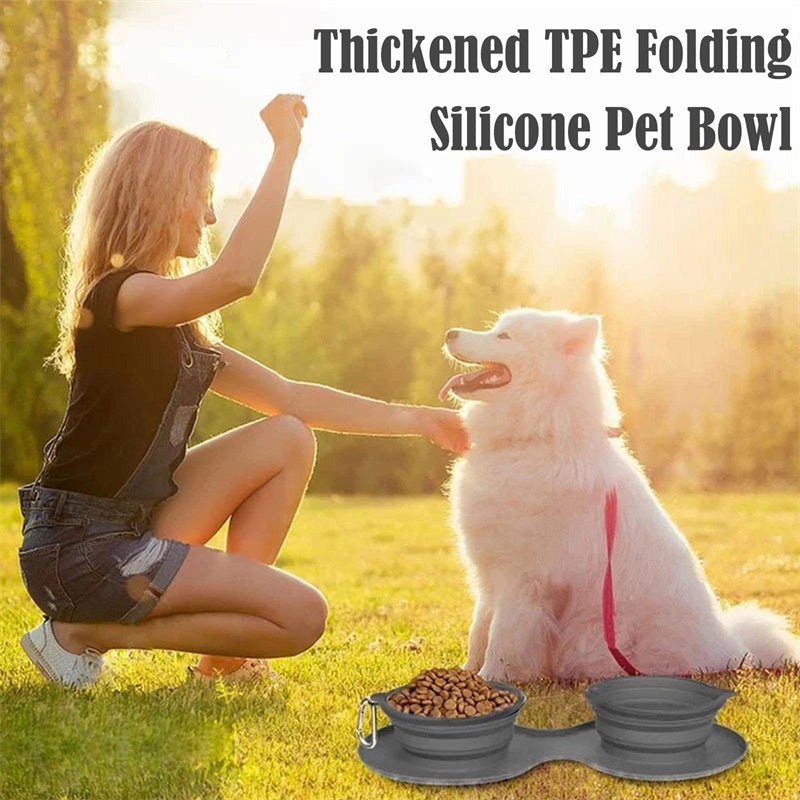 Portable 2 in 1 Silicone Pet Bowls with Carabiner, Collapsible Double Travel Dog Bowls for Food and Water Feeding, Foldable Camping Dog Cat Bowl