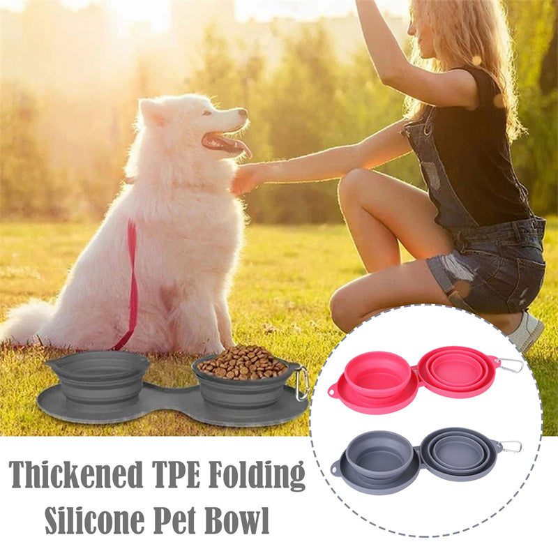 Portable 2 in 1 Silicone Pet Bowls with Carabiner, Collapsible Double Travel Dog Bowls for Food and Water Feeding, Foldable Camping Dog Cat Bowl